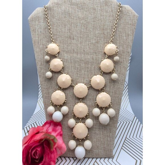 Statement Gold Tone Bubble Necklace Neutral Cream Faceted Bead Rolo Chain 24" - Picture 2 of 7